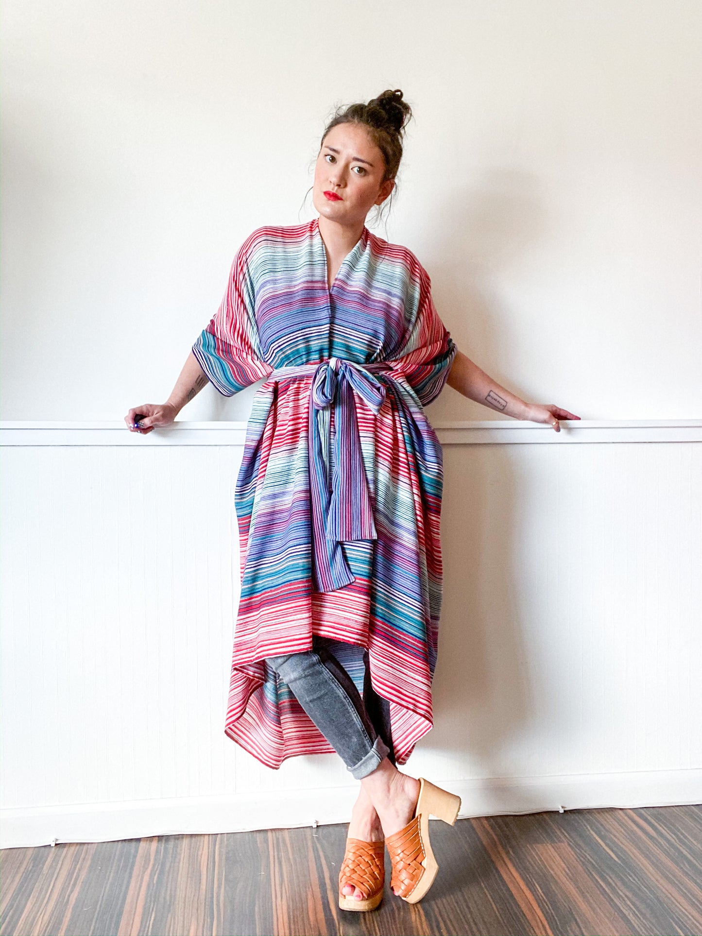 Print High Low Kimono Red Aqua Stripes Crinkle Rayon