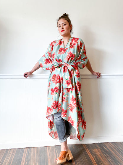 Print High Low Kimono Sage Red Lilies