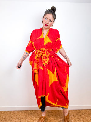 Hand-Dyed High Low Kimono Marigold Scarlet Brushstroke