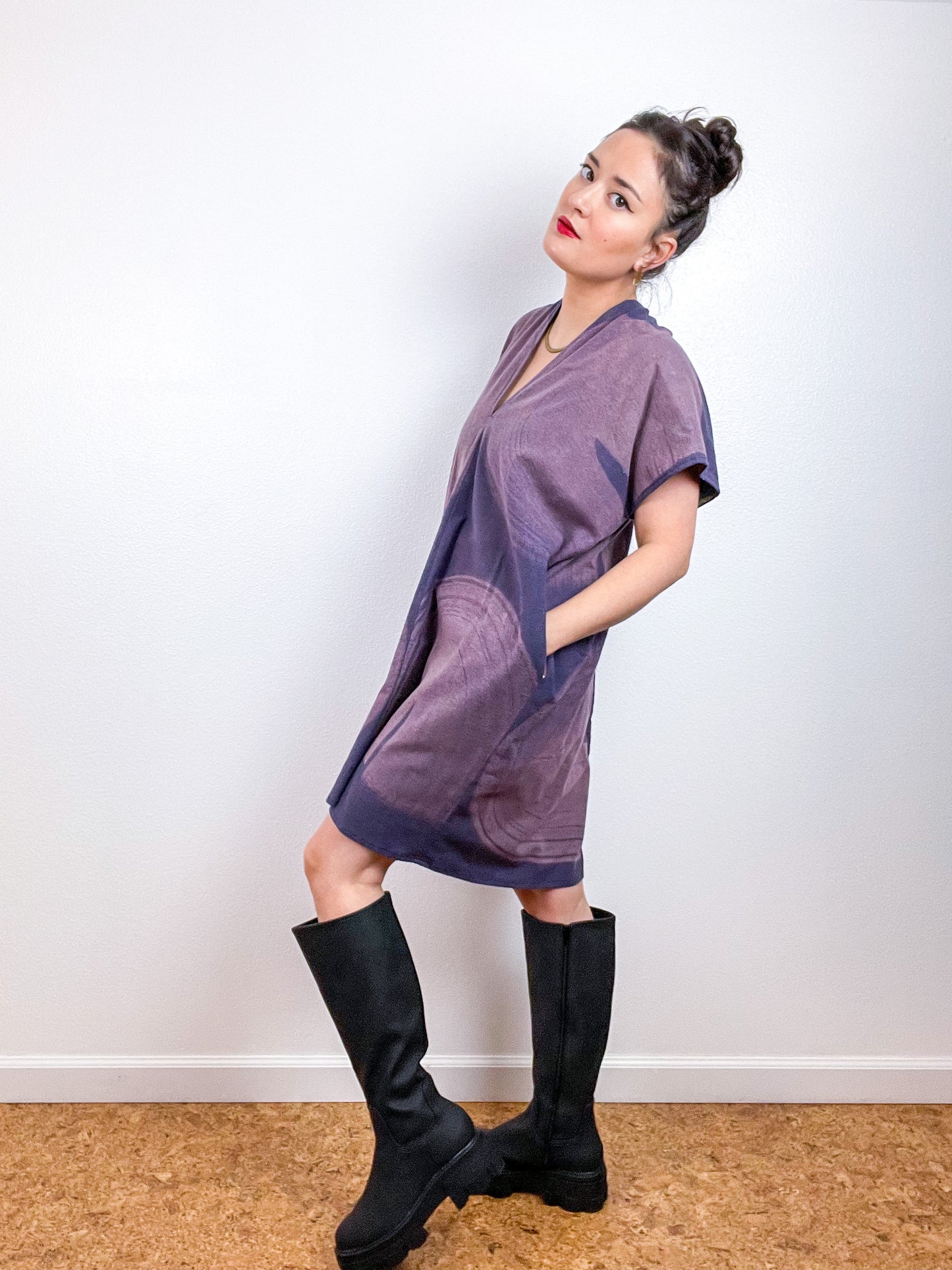 Bleached Flannel Smock Dress Mauve Brushstrokes