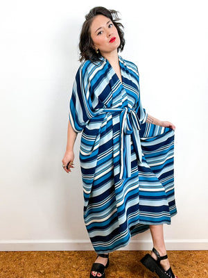 Print High Low Kimono Blue Stripe Georgette