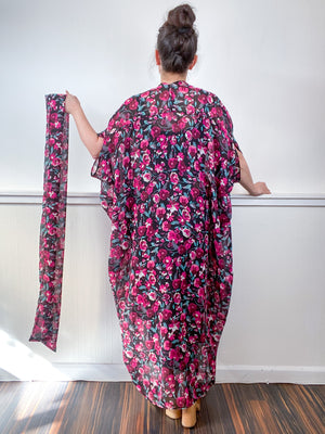 Print High Low Kimono Fuchsia Black Floral Chiffon