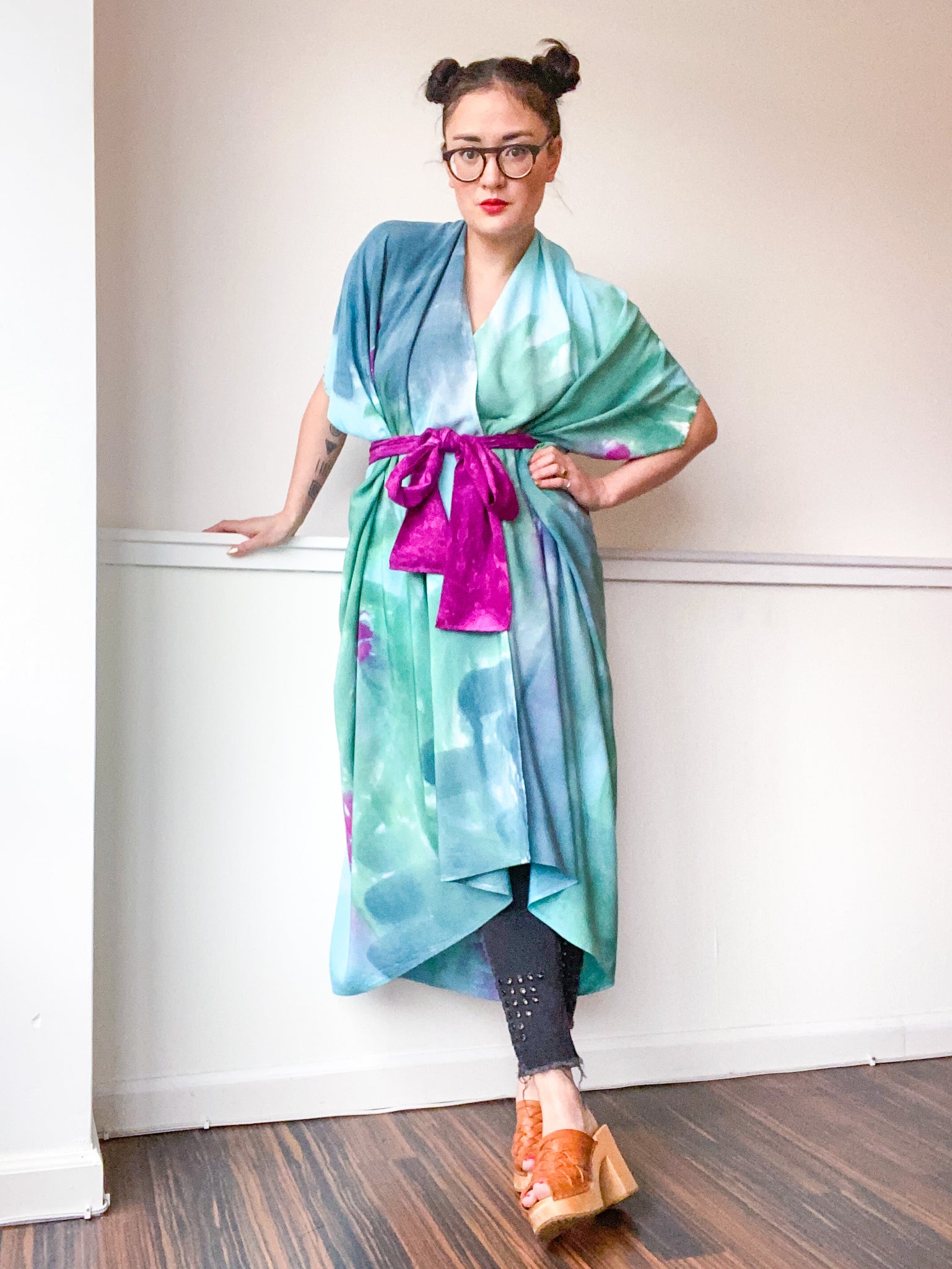 Limited Edition Hand-Dyed High Low Kimono Amethyst Teal Green