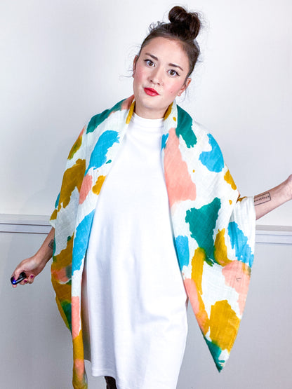 Hand-Dyed Large Square Scarf Marigold Coral Emerald Parakeet