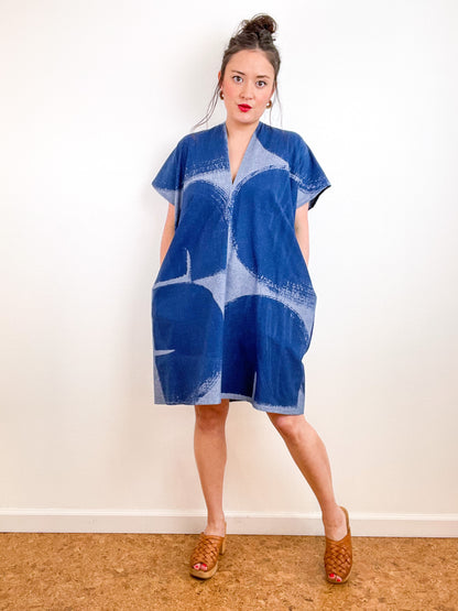 Chambray Smock Dress Hand-Dyed Indigo Brushstrokes