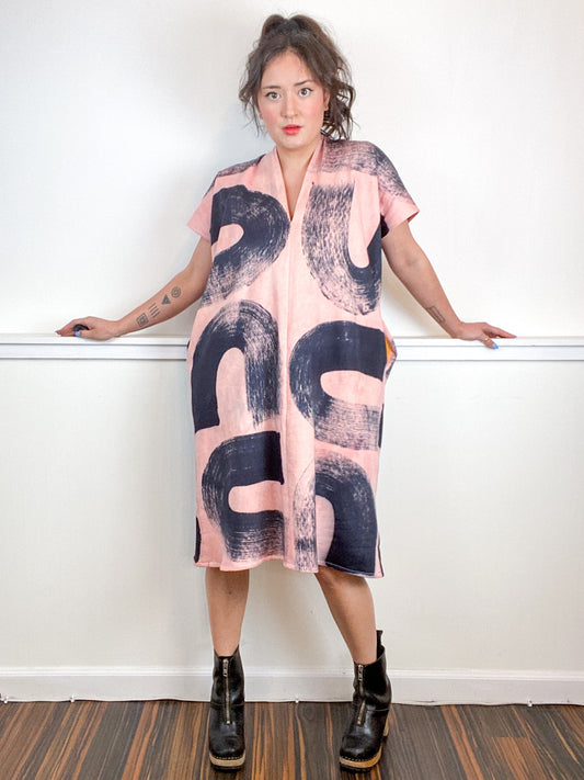 Hand-Dyed Sweatshirt Smock Dress Blush Black Brushstrokes
