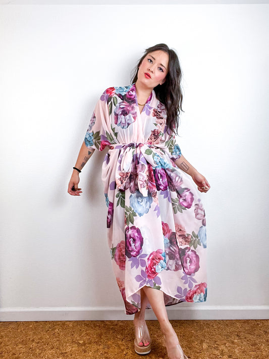 Print High Low Kimono Blush Large Bouquet Floral Chiffon