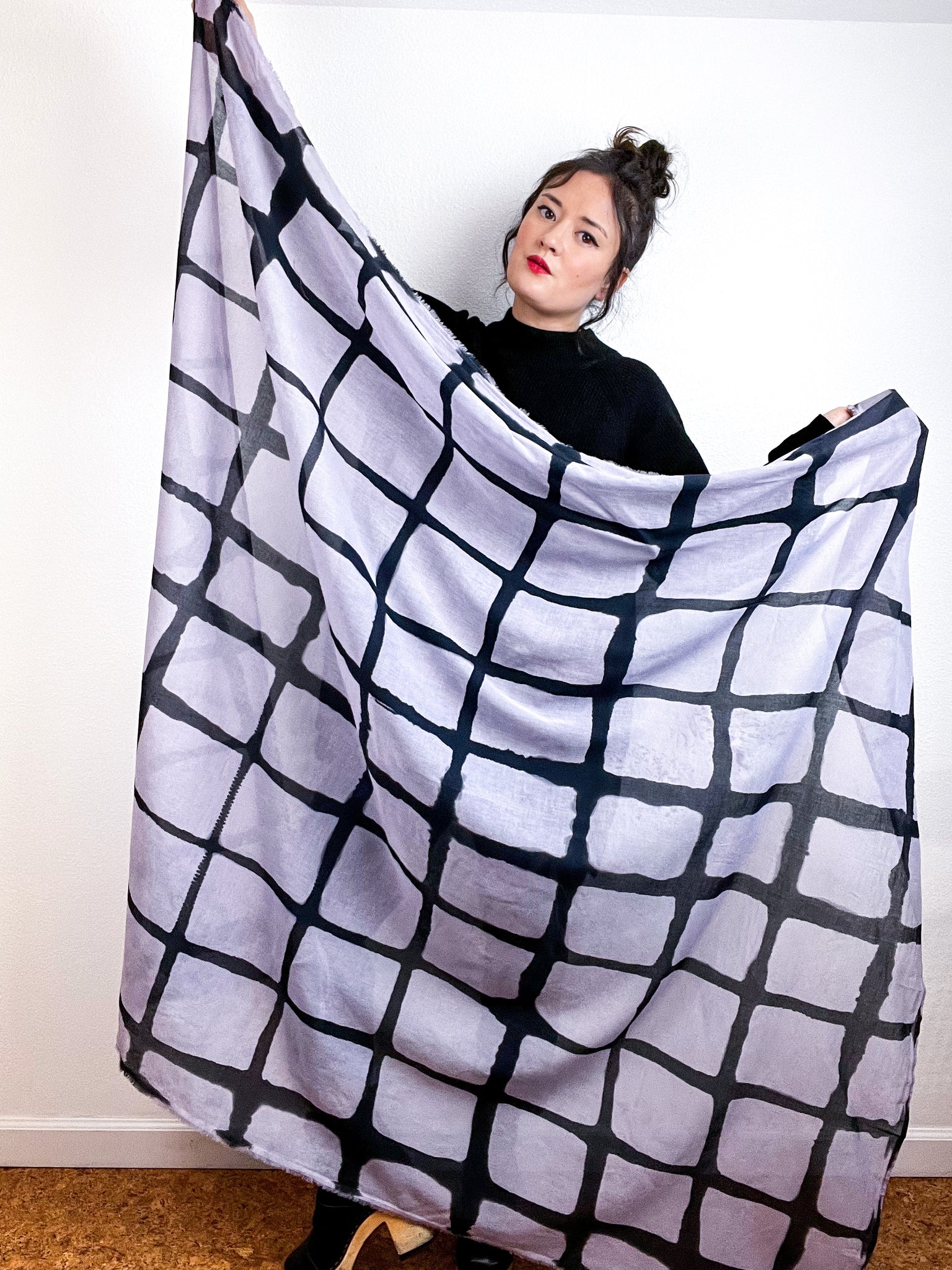 Hand-Dyed Cotton Voile Scarf Wisteria Black Windowpane