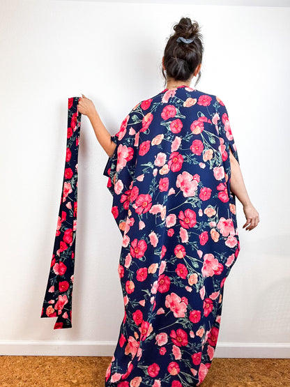 Print High Low Kimono Navy Poppy Floral Bubble Crepe