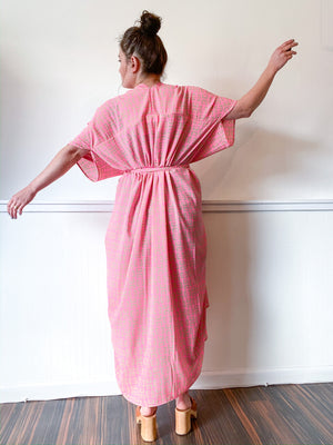 Print High Low Kimono Peach Tan Mid Century Mod