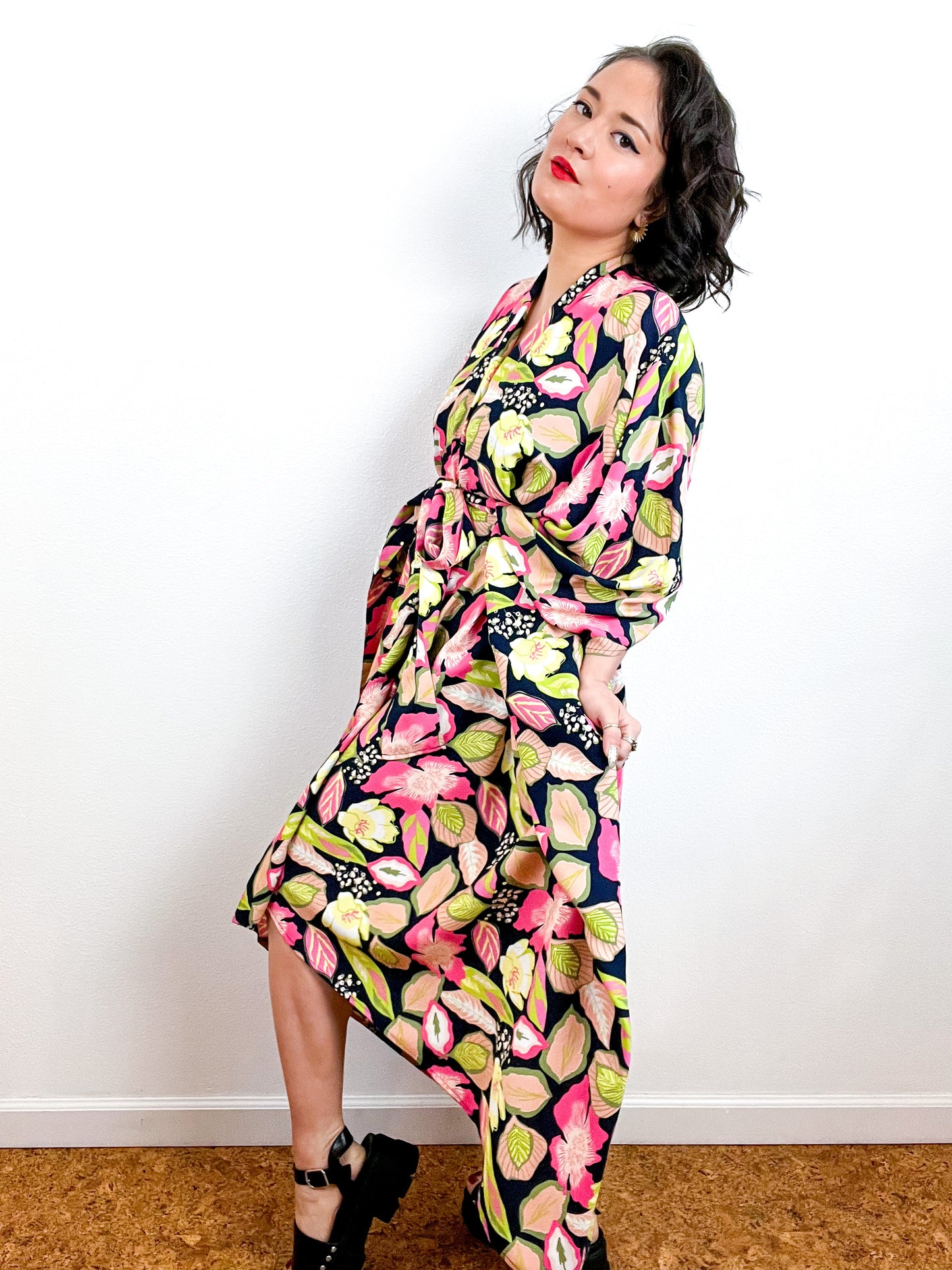 Print High Low Kimono Navy Pink Chartreuse Floral Challis