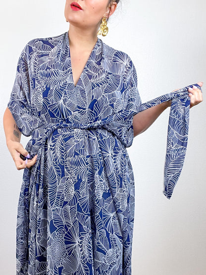 Print High Low Kimono Navy Tropical Palms Chiffon