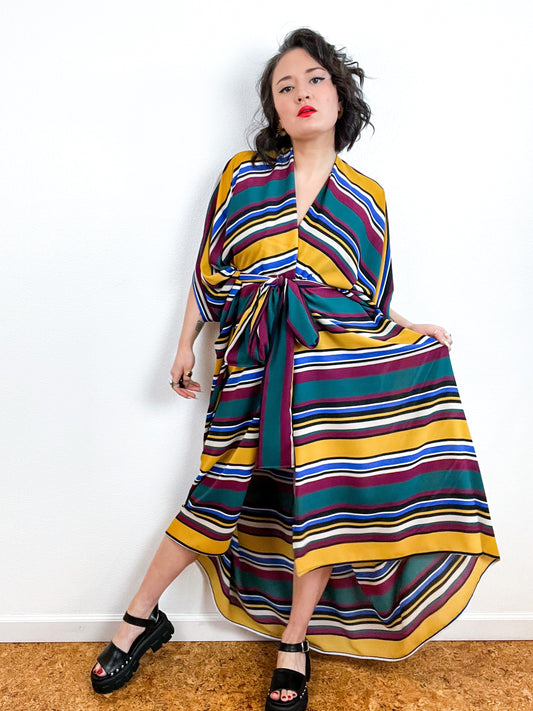 Print High Low Kimono Marigold Maroon Forest Stripe Bubble Crepe