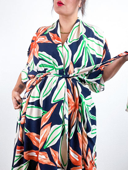 Print High Low Kimono Navy Green Rust Large Floral Challis