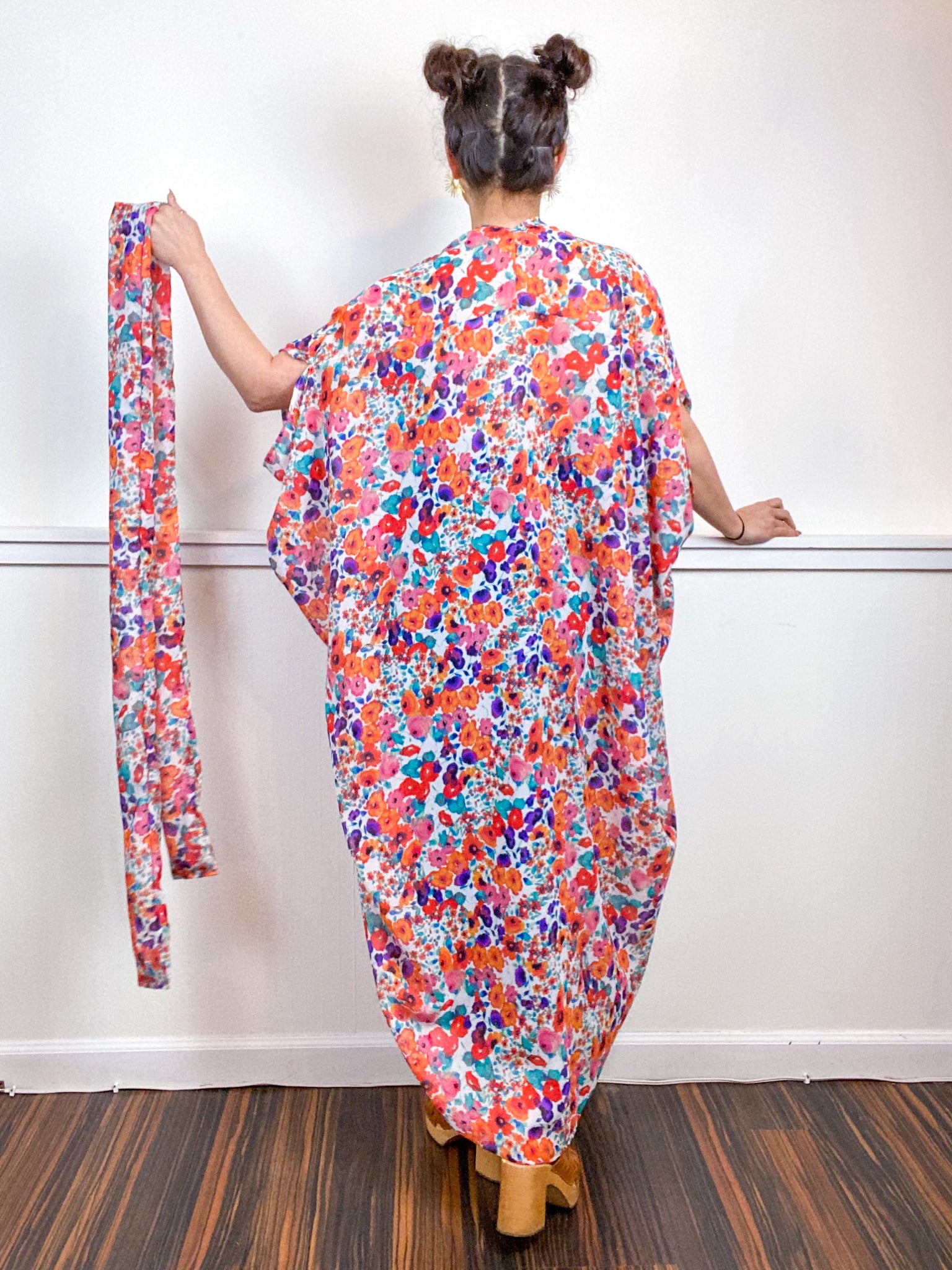 Print High Low Kimono Multicolor Watercolor Chiffon