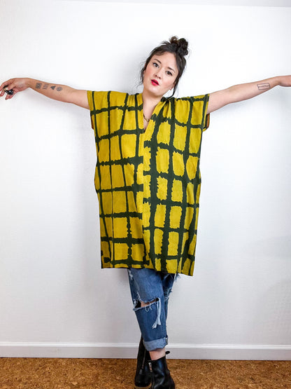 Hand-Dyed Mini Smock Dress Marigold Black Windowpane
