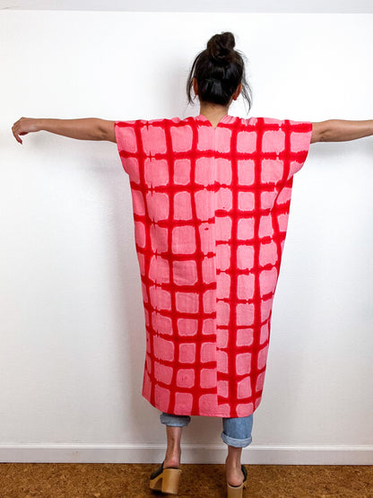 Hand-Dyed Midi Smock Dress Pink Scarlet Windowpane