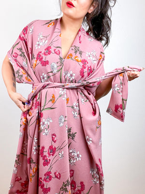 Print High Low Kimono Mauve Floral Crinkle Gauze