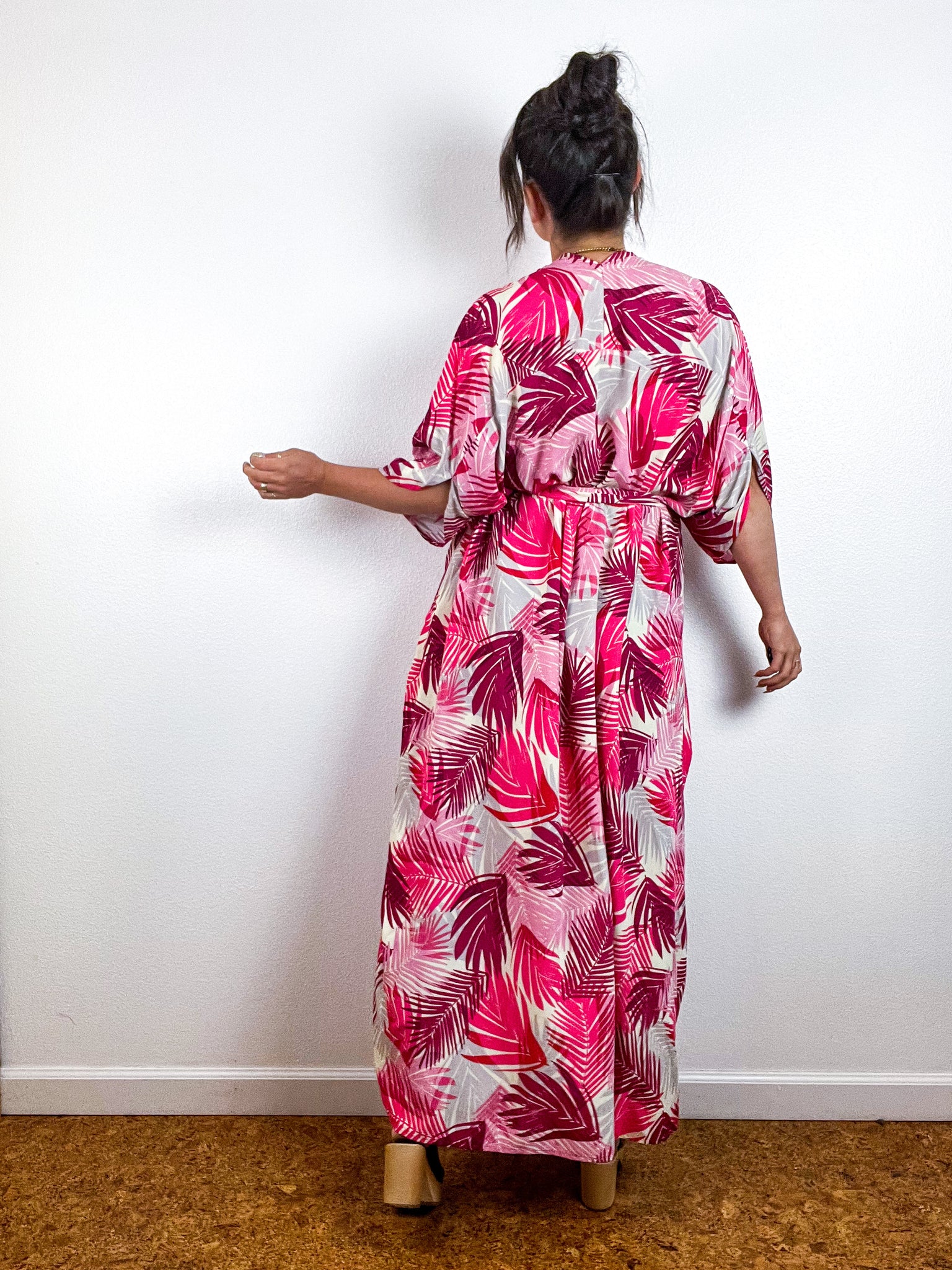 High Low Kimono Pink Palms Challis