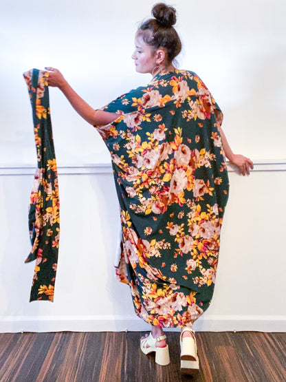 Print High Low Kimono Forest Green Rose Floral Knit