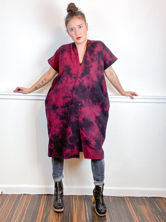Over-Dye Herringbone Smock Dress Black Red Midi