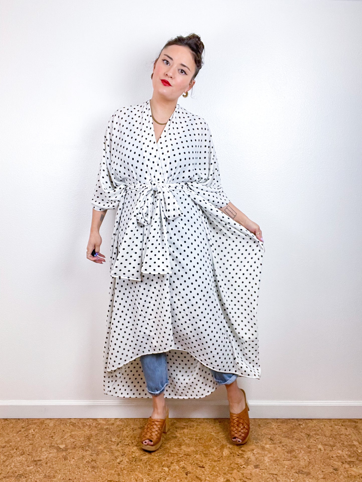 Print High Low Kimono Ivory Black Dots Bubble Crepe