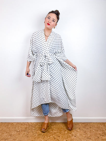 Print High Low Kimono Ivory Black Dots Bubble Crepe