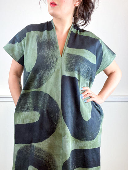 Hand-Dyed Sweatshirt Smock Dress Olive Black Brushstrokes