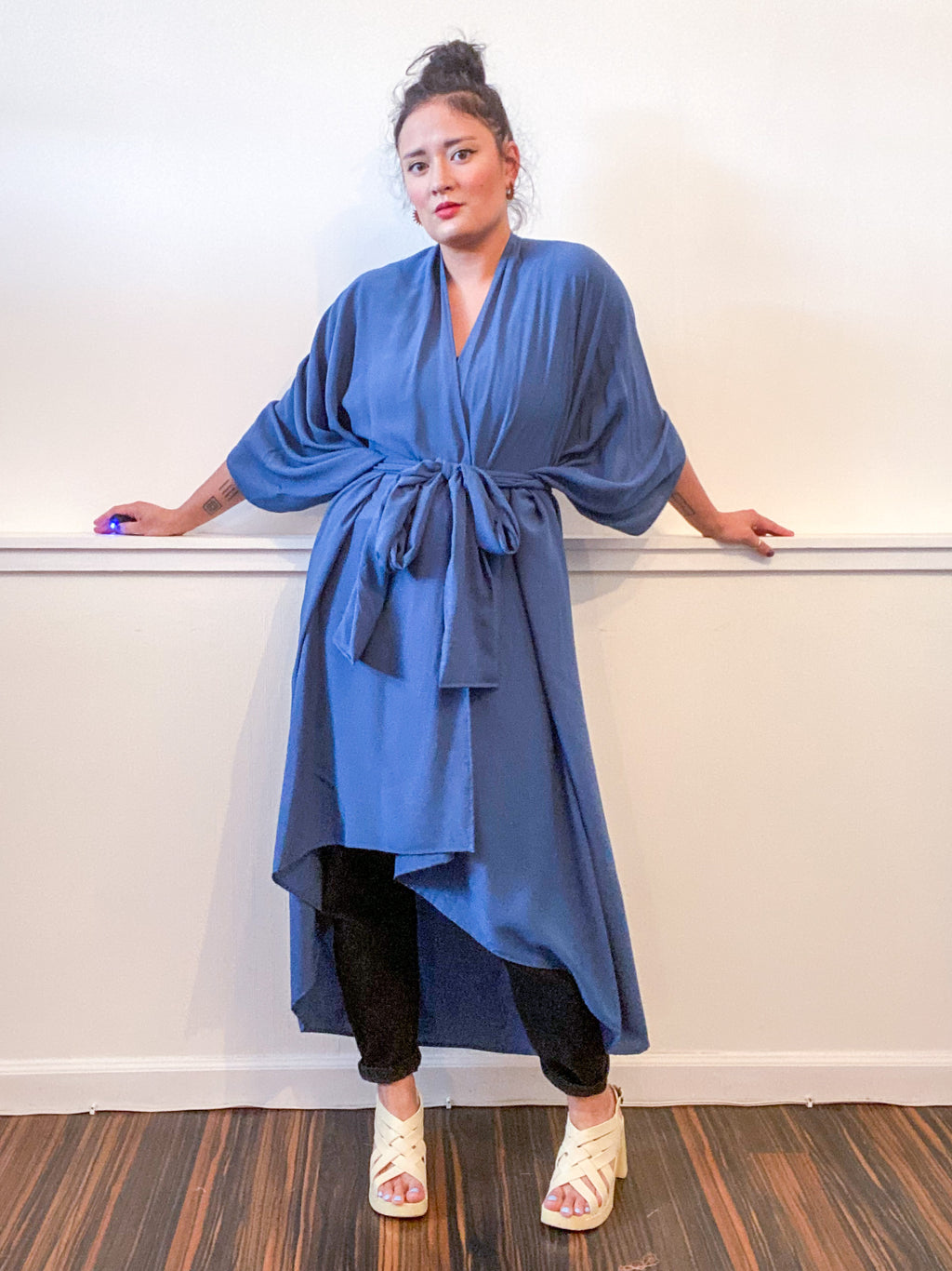 Solid High Low Kimono Classic Blue Rayon Challis