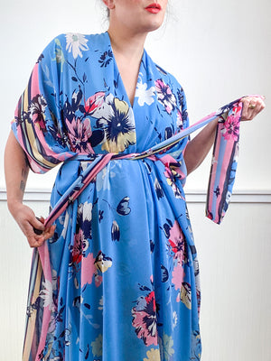 Print High Low Kimono Turquoise Floral Stripe Chiffon