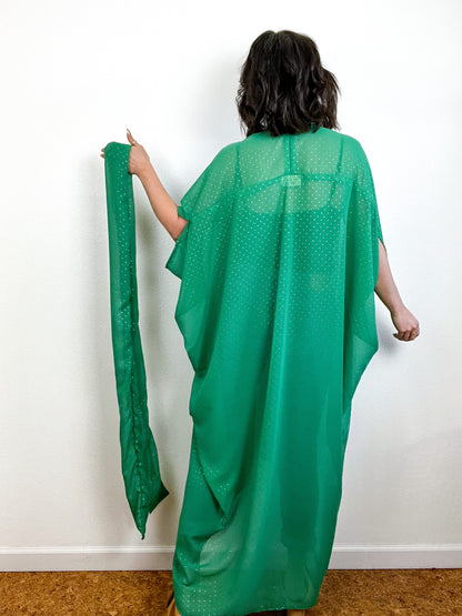 Print High Low Kimono Green Gold Pindot Chiffon