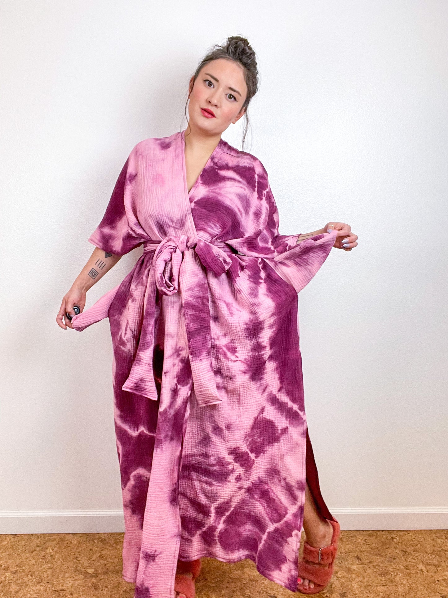 Double Gauze Duster Kimono Berry Tie
