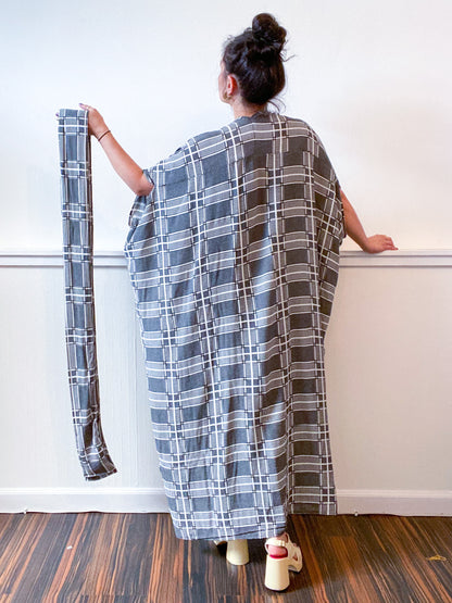 Print High Low Kimono Houndstooth Plaid Rayon