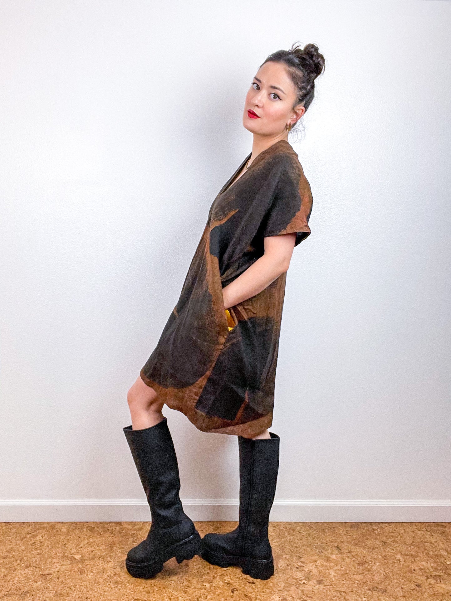 Hand-Dyed Linen Smock Dress Chestnut Black Brushstrokes