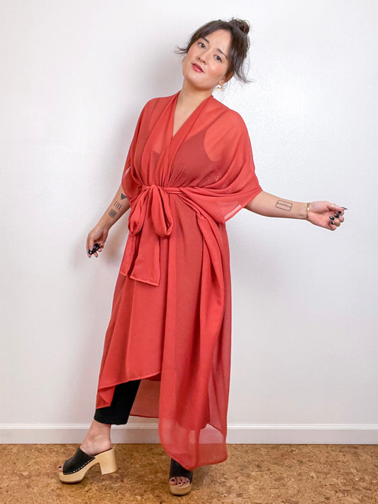 Solid High Low Kimono Persimmon Crinkle Chiffon