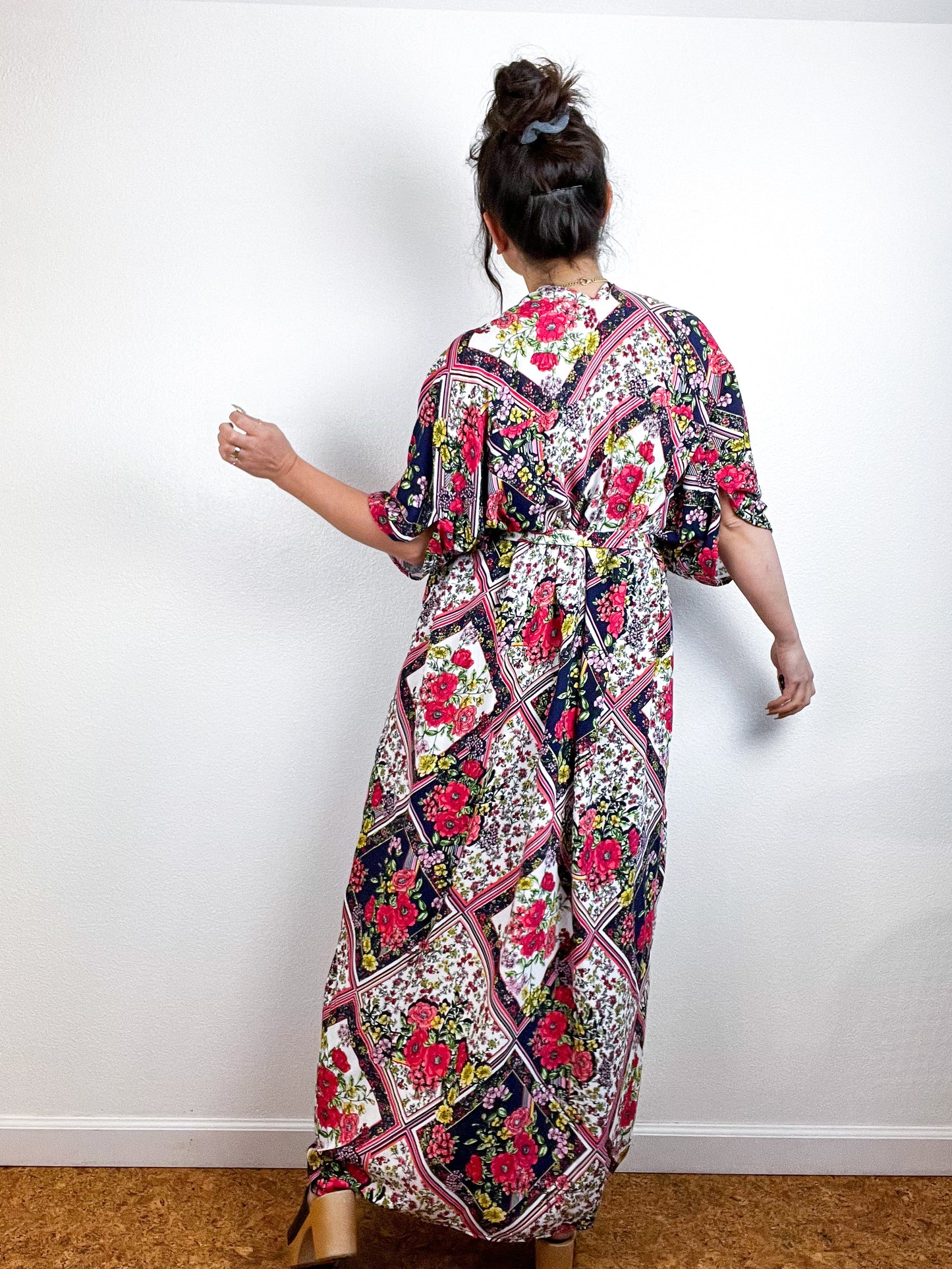 Print High Low Kimono Navy Patchwork Floral Challis