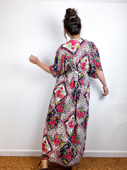 Print High Low Kimono Navy Patchwork Floral Challis