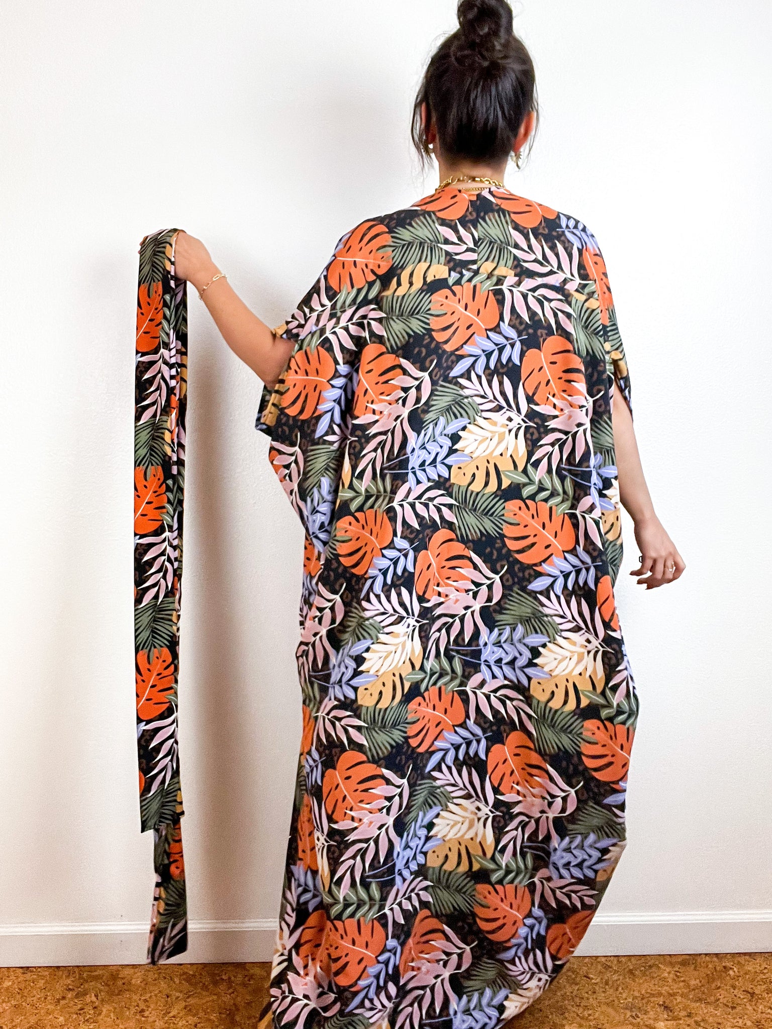Print High Low Kimono Earthy Tropical Crepe