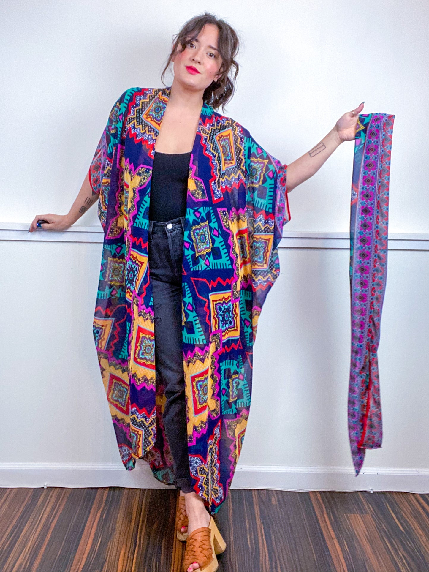 Print High Low Kimono Multicolor Tiles Chiffon
