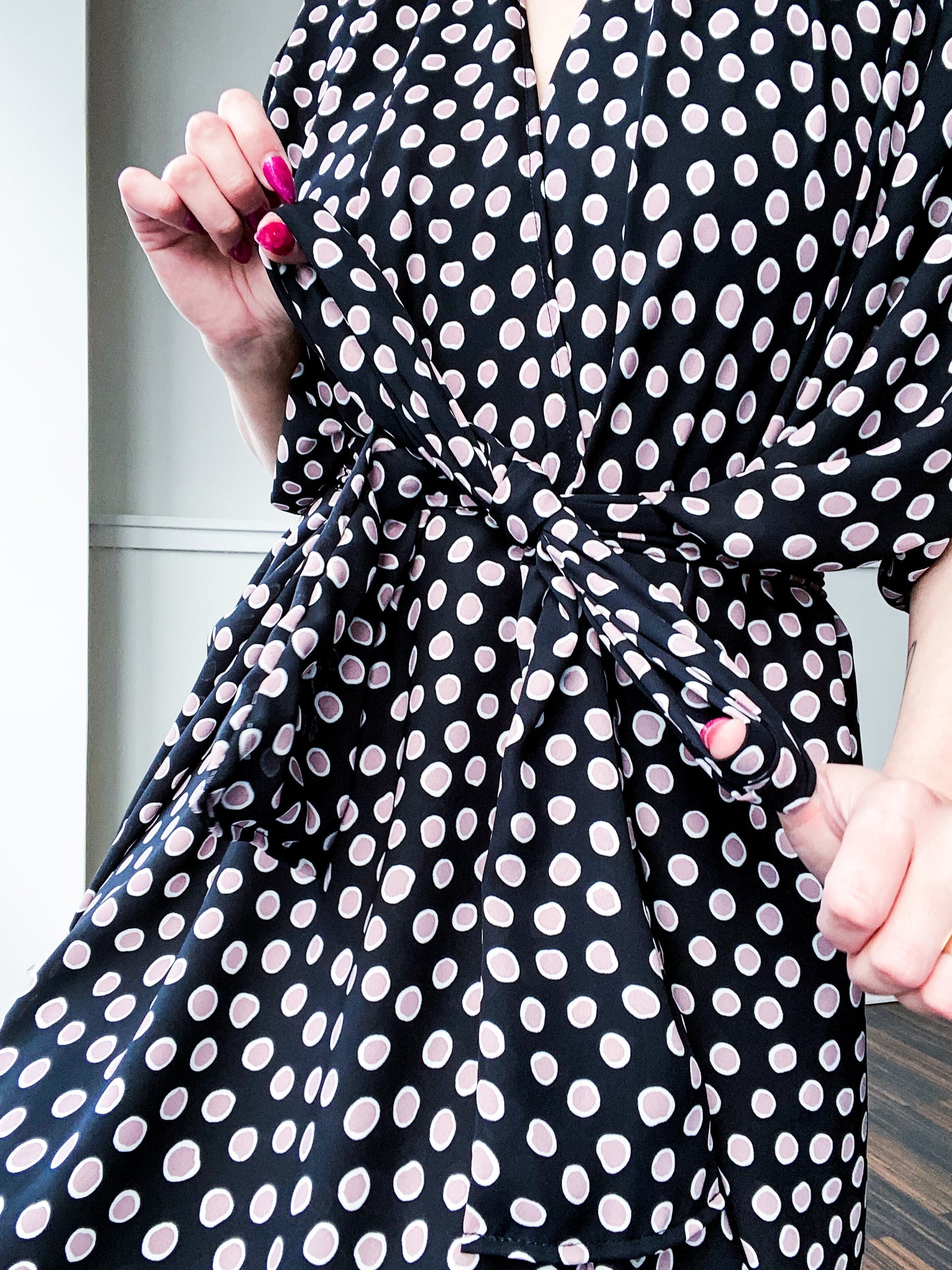 Print High Low Kimono Black Pink Dots