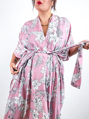 Print High Low Kimono Pink White Tropical Challis