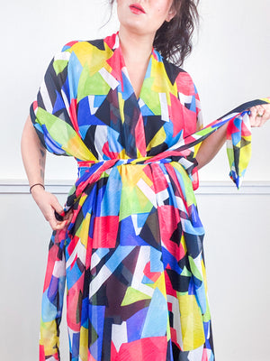 Print High Low Kimono Multicolor Abstract Crinkle Chiffon