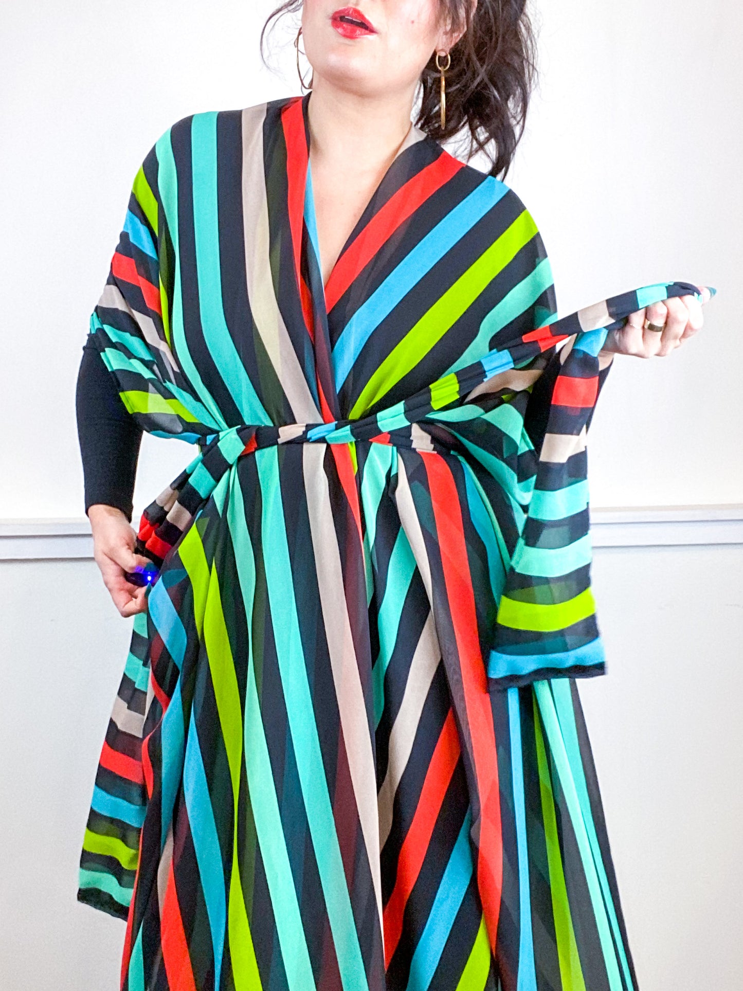 Print High Low Kimono Multi Stripe Chiffon