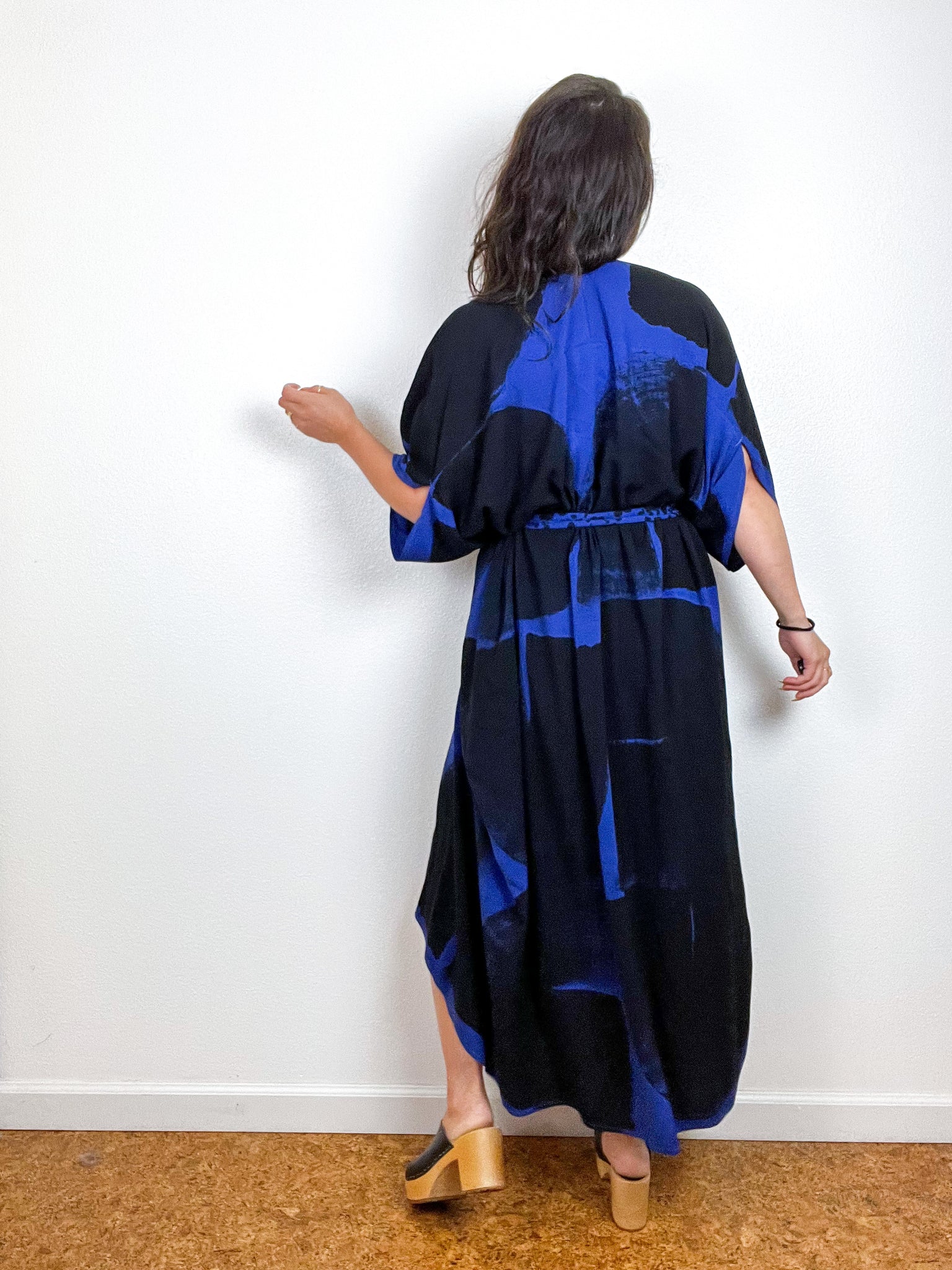 Hand-Dyed High Low Kimono Electric Blue Black Brushstroke