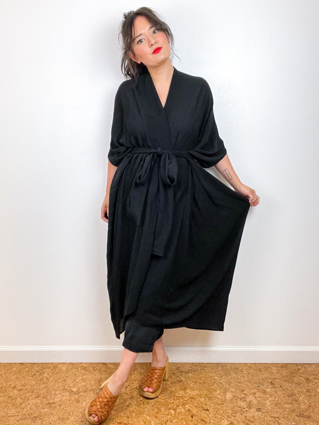 Solid High Low Kimono Black Rayon Gauze