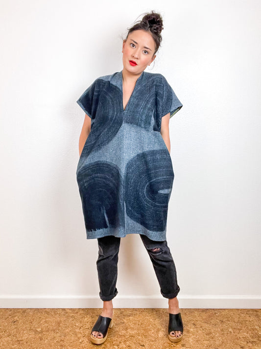 Hand-Dyed Flannel Smock Dress Blue Herringbone Brushstrokes