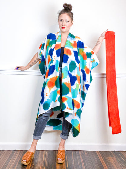 OOAK Hand-Dyed High Low Kimono Indigo Tangerine Emerald Parakeet Inkblot