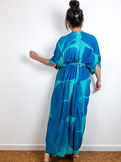 Hand-Dyed High Low Kimono Teal Blue Brushstroke