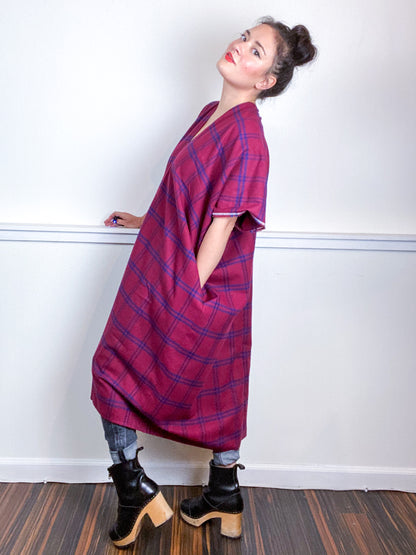 Plaid Smock Dress Maroon Navy Midi