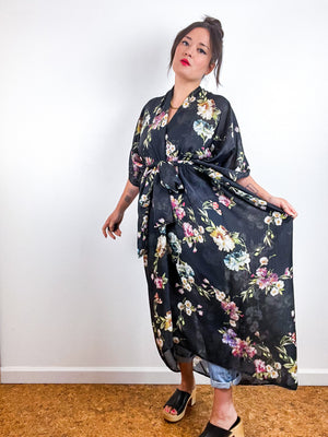 Print High Low Kimono Black Floral Stripe Chiffon